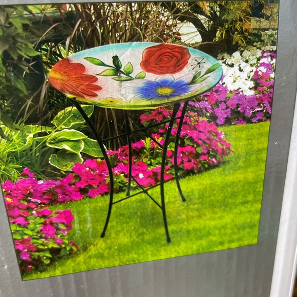 NIB Bright Colored Floral or Peacock Garden Glass Bird Bath w/ Stand - Picture 2 of 5
